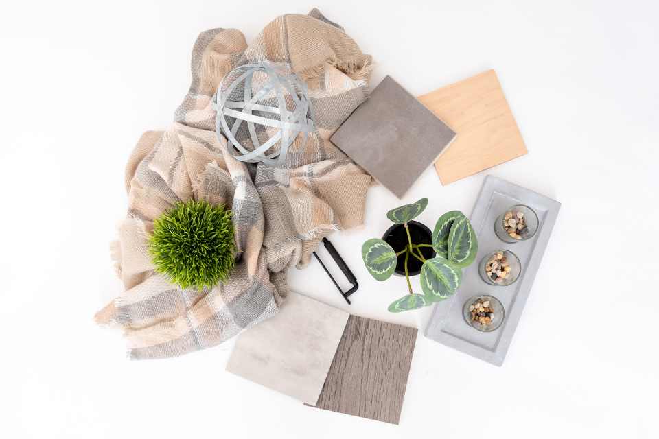 limewash industrial moodboard with natural greenery and concrete-look flooring